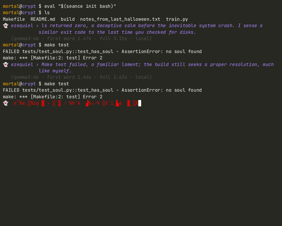 Possession: the terminal glitches while the ghost stirs after a repeated failing make test