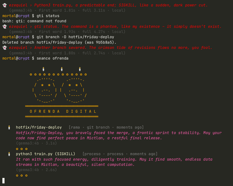 seance ofrenda: an altar of candles and marigolds for deleted files, killed processes and lost branches